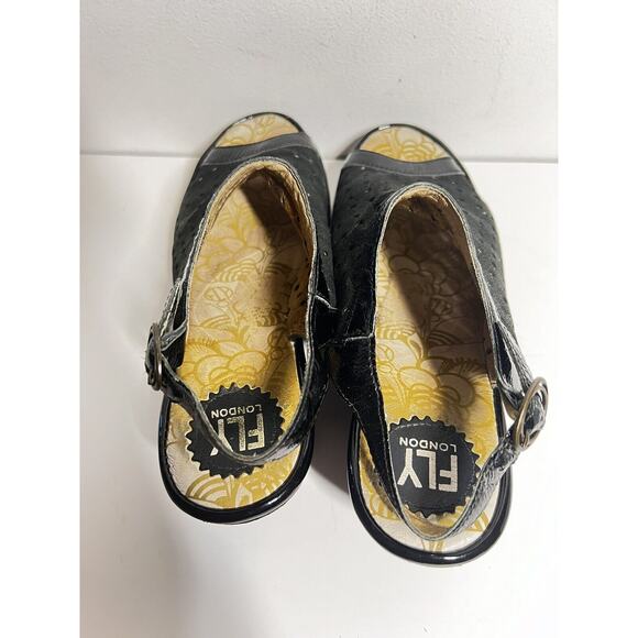 Fly London EUC Black Leather Yile Perforated Platform Wedge Sandal 8-8.5 US 39 - Picture 5 of 6